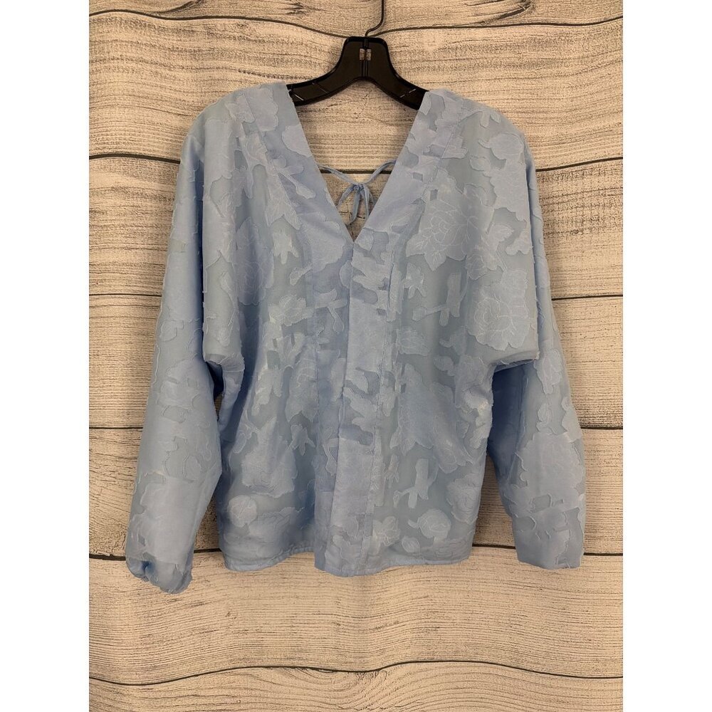 NWT Koko + Mason Light Blue Floral Textured V-Neck Blouse Size XS